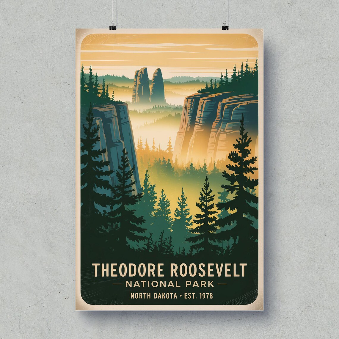 Theodore Roosevelt National Park Vintage Travel Poster Pine Cliffs Art