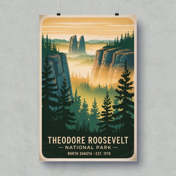 Theodore Roosevelt National Park Vintage Travel Poster Pine Cliffs Art