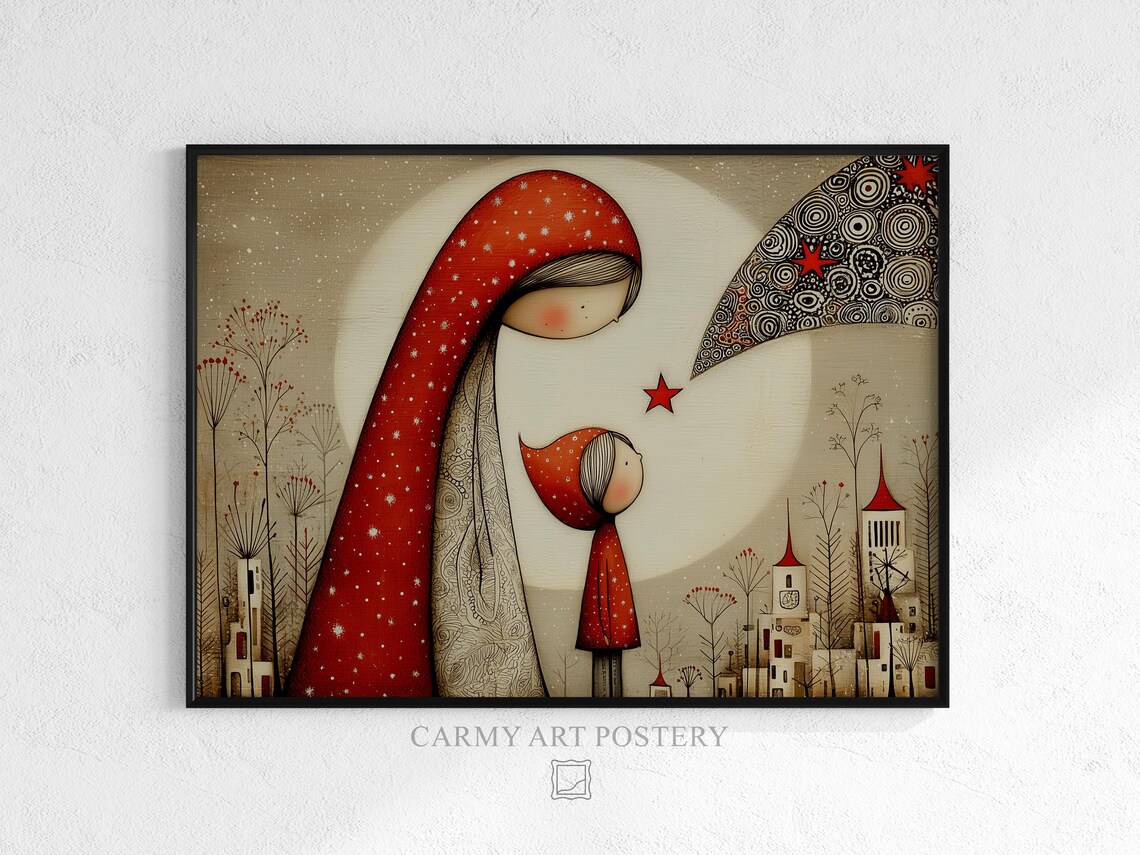 Robed Mother and Child Red Hoods Starry Night Folk Art Print