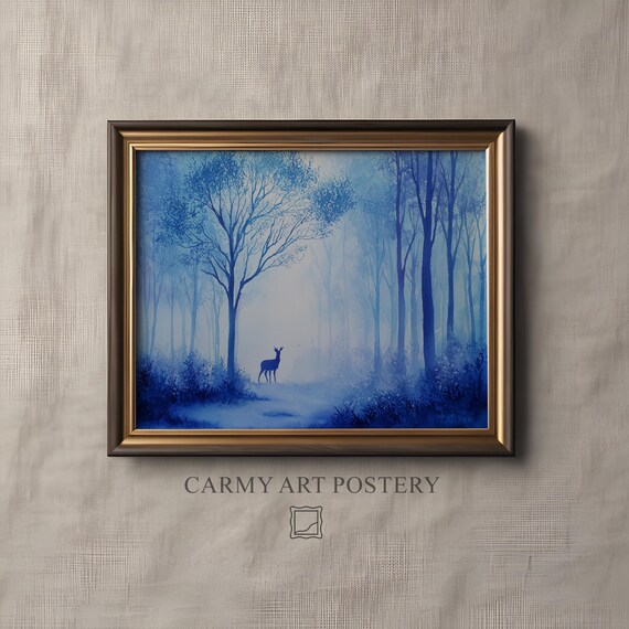 Serene Winter Forest Print Deer Silhouette Wall Art Cool Blue Minimalist Watercolor Decor Tranquil Nature Scene 1118