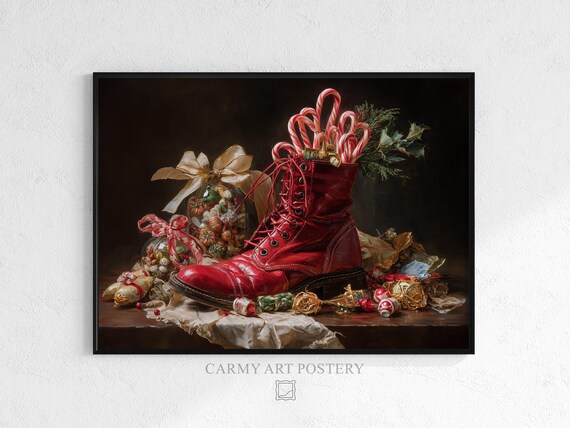 Santa Red Boot Candy Canes Vintage Christmas Still Life Poster