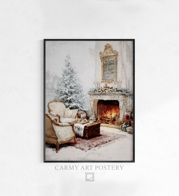 Cozy Christmas Fireplace Mantel Armchairs Neutral Winter Holiday Poster