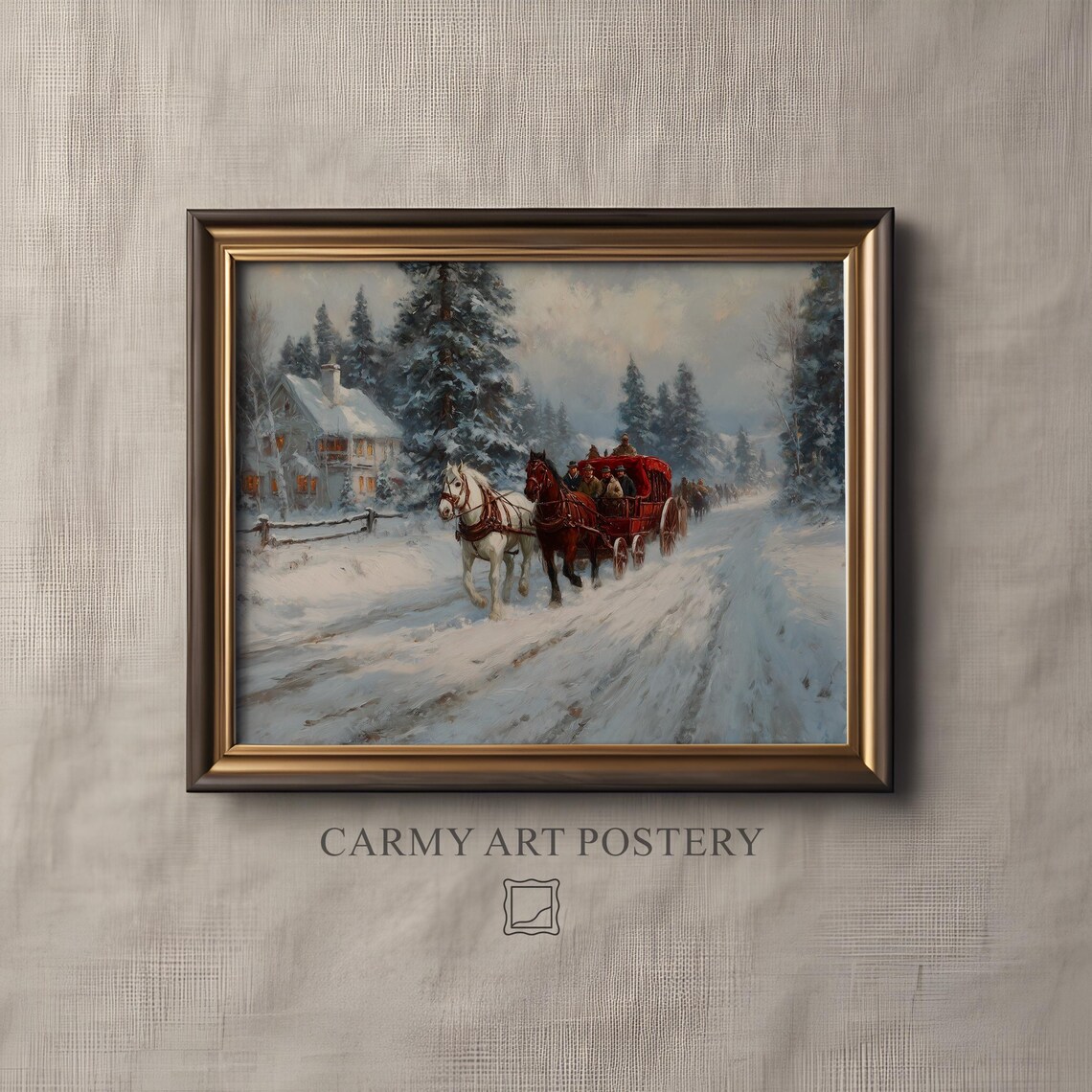 Horse Drawn Sleigh Snowy Village Winter Carriage Ride Oil Painting Print