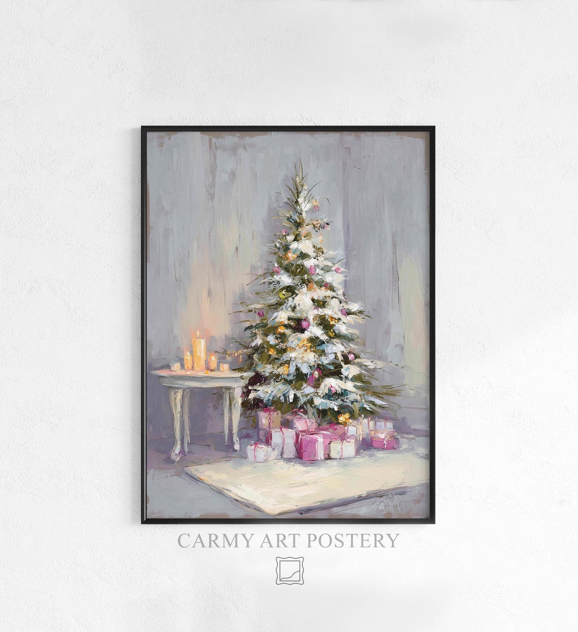 Snowy Christmas Tree Pink Gifts Candlelit Watercolor Art Poster