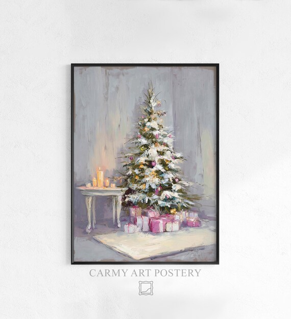 Snowy Christmas Tree Pink Gifts Candlelit Watercolor Art Poster