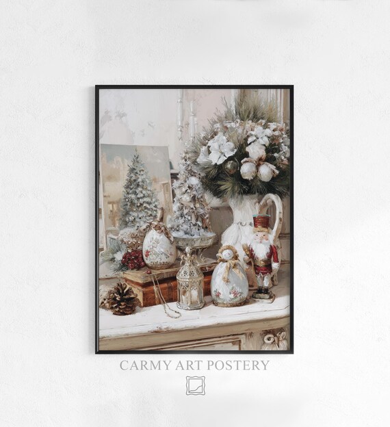 Rustic Christmas Mantel Baubles Nutcracker Still Life Painting Poster