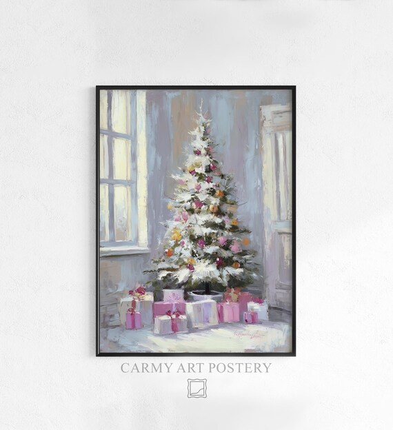 Cozy White Christmas Tree Pink Ornaments Gifts Soft Watercolor Art Poster