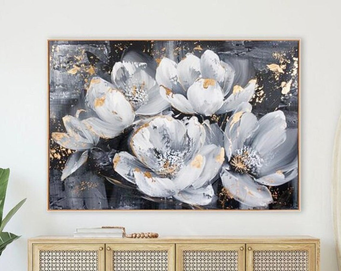 Abstract Gardenia Oil Painting With Gold Accents On Black And Grey Background Textured 3d Floral Art For Living Room Bedroom And Entryway