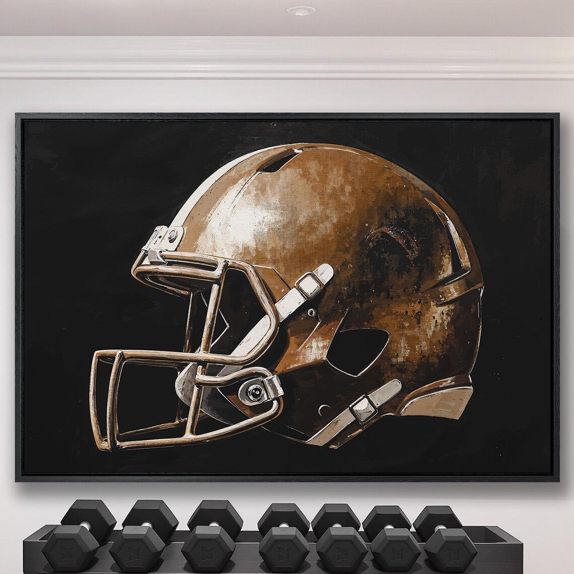 Bronze Football Helmet Three Quarter View Dark Sports Poster