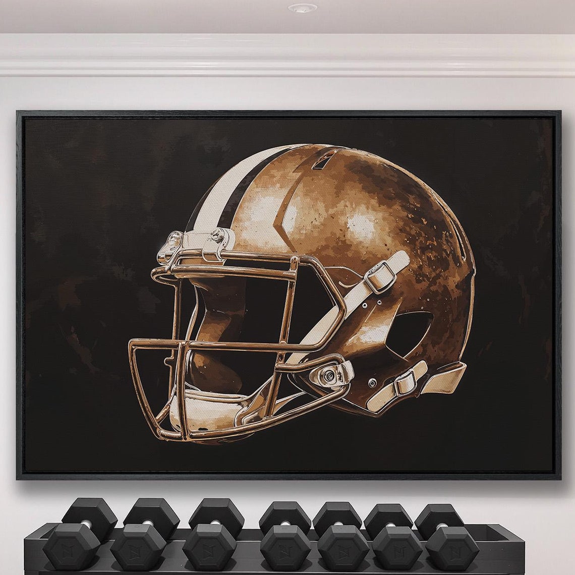 Bronze Football Helmet Side Profile on Deep Black Sports Poster