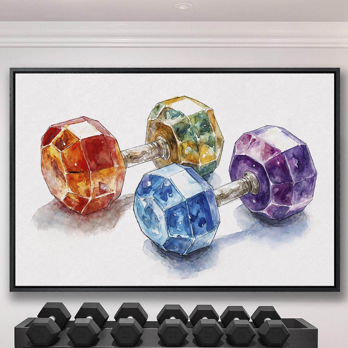 Pair Of Colorful Watercolor Dumbbells Resting On White Gym Poster