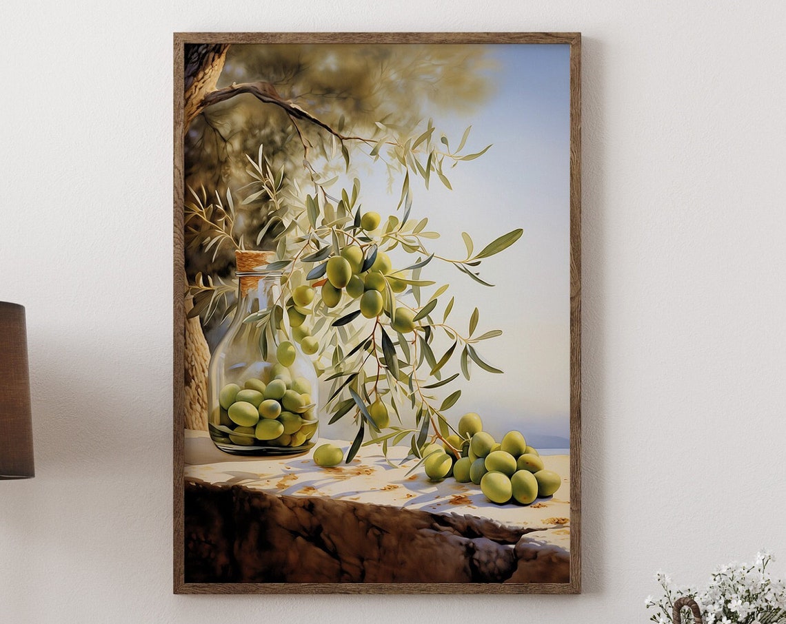 Olive Branch Green Olives Glass Jar Sunlit Still Life Wall Poster - Image 3