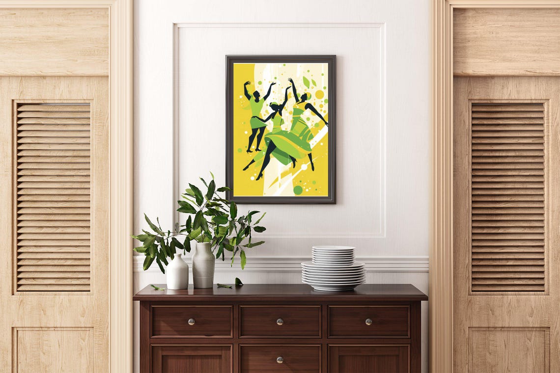 Three Abstract Dancers In Green Silhouettes On Yellow Art Print - Image 2