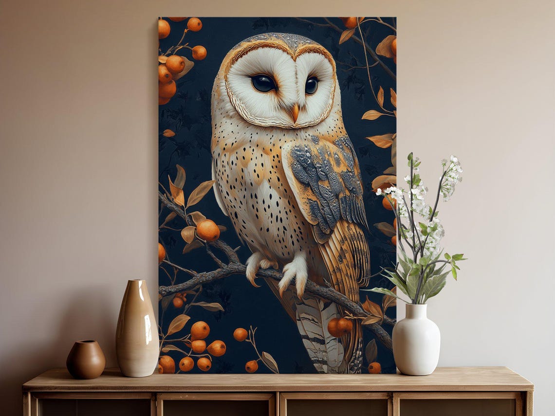 Barn Owl Perched Among Orange Berries on Midnight Blue Poster - Image 5