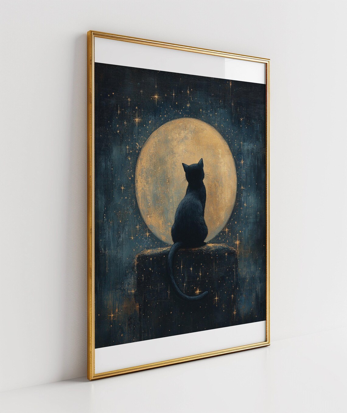 Black Cat Silhouette Gazing at a Golden Full Moon in a Starry Sky Poster - Image 3