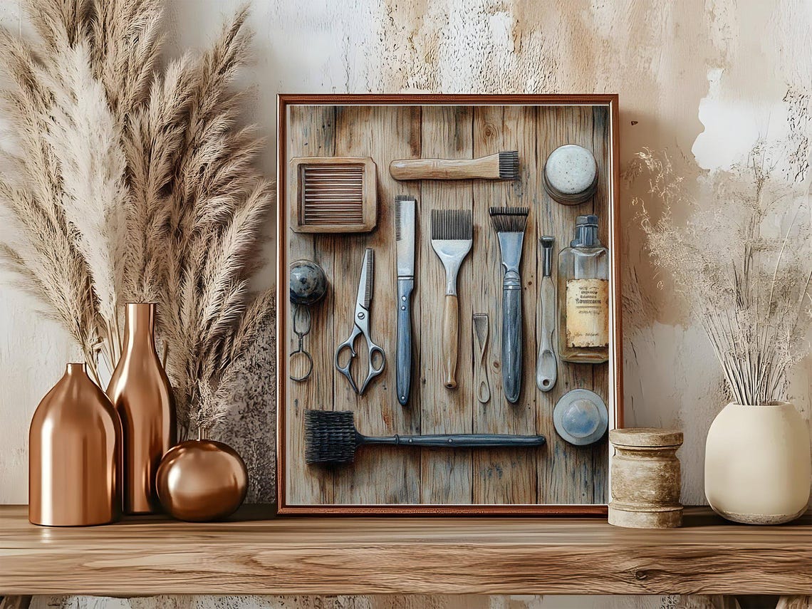 Vintage Barber Tools Poster Antique Grooming Equipment Wood Decor - Image 5