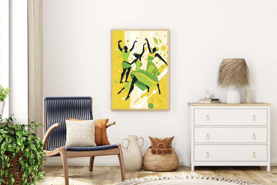 Three Abstract Dancers In Green Silhouettes On Yellow Art Print - Image 3