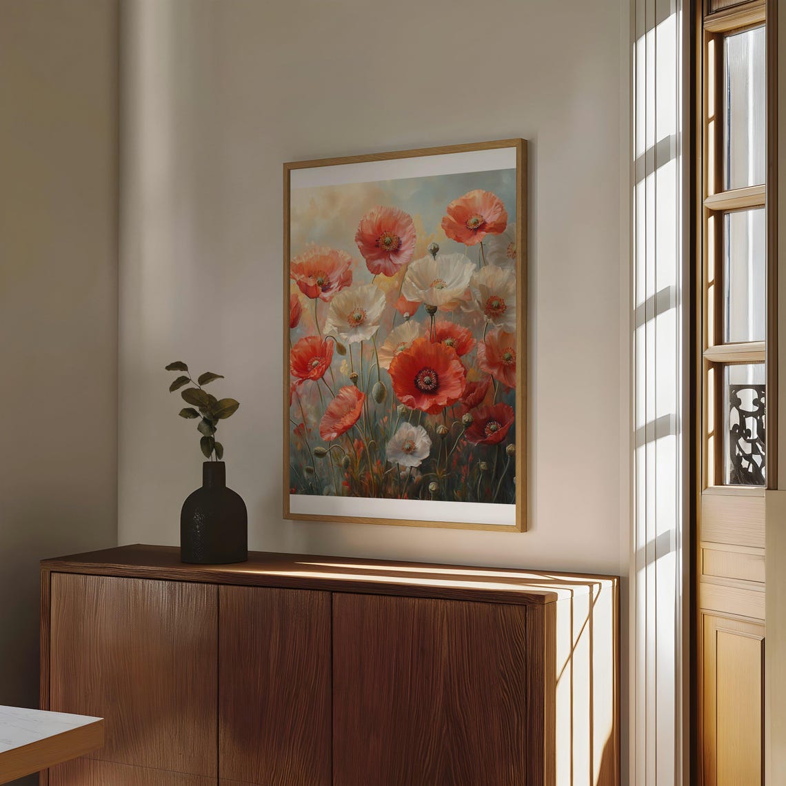 Red Poppy Field With White Wildflowers Botanical Nature Poster - Image 5