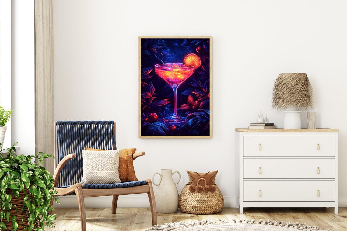 Neon Cocktail Poster With Glowing Martini Glass on Dark Tropics - Image 3