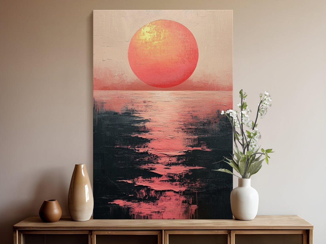 Minimalist Red Sun Sinking Into Dark Water With Pink Glow Poster - Image 5
