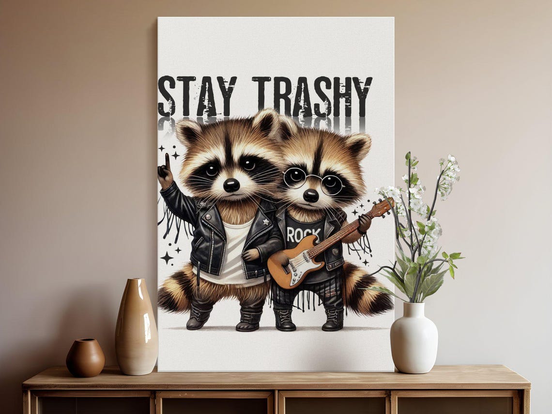 Stay Trashy Rocker Raccoons in Leather Jackets With Guitar Poster - Image 5