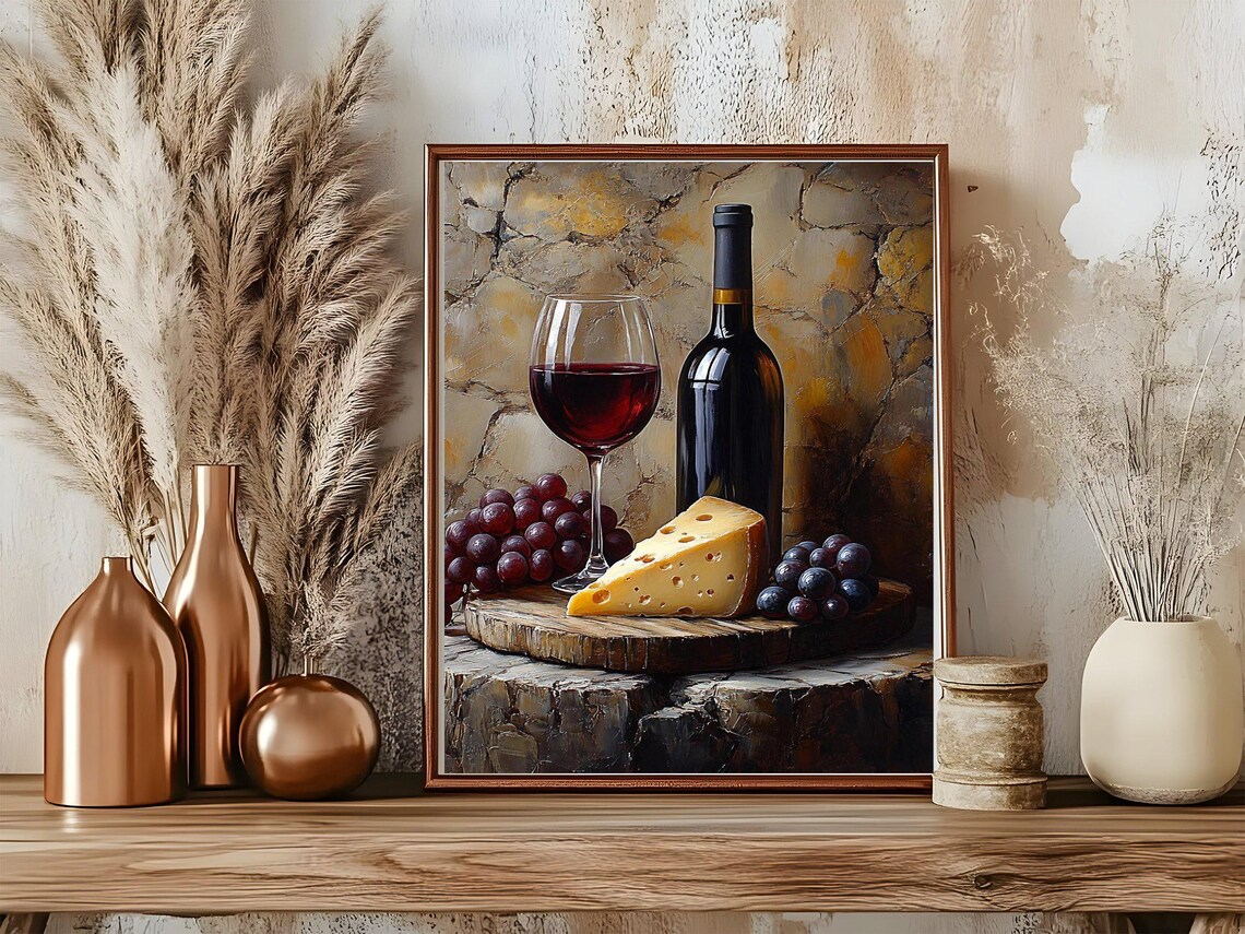 Red Wine Bottle and Glass Cheese Grapes Still Life Painting Poster - Image 5