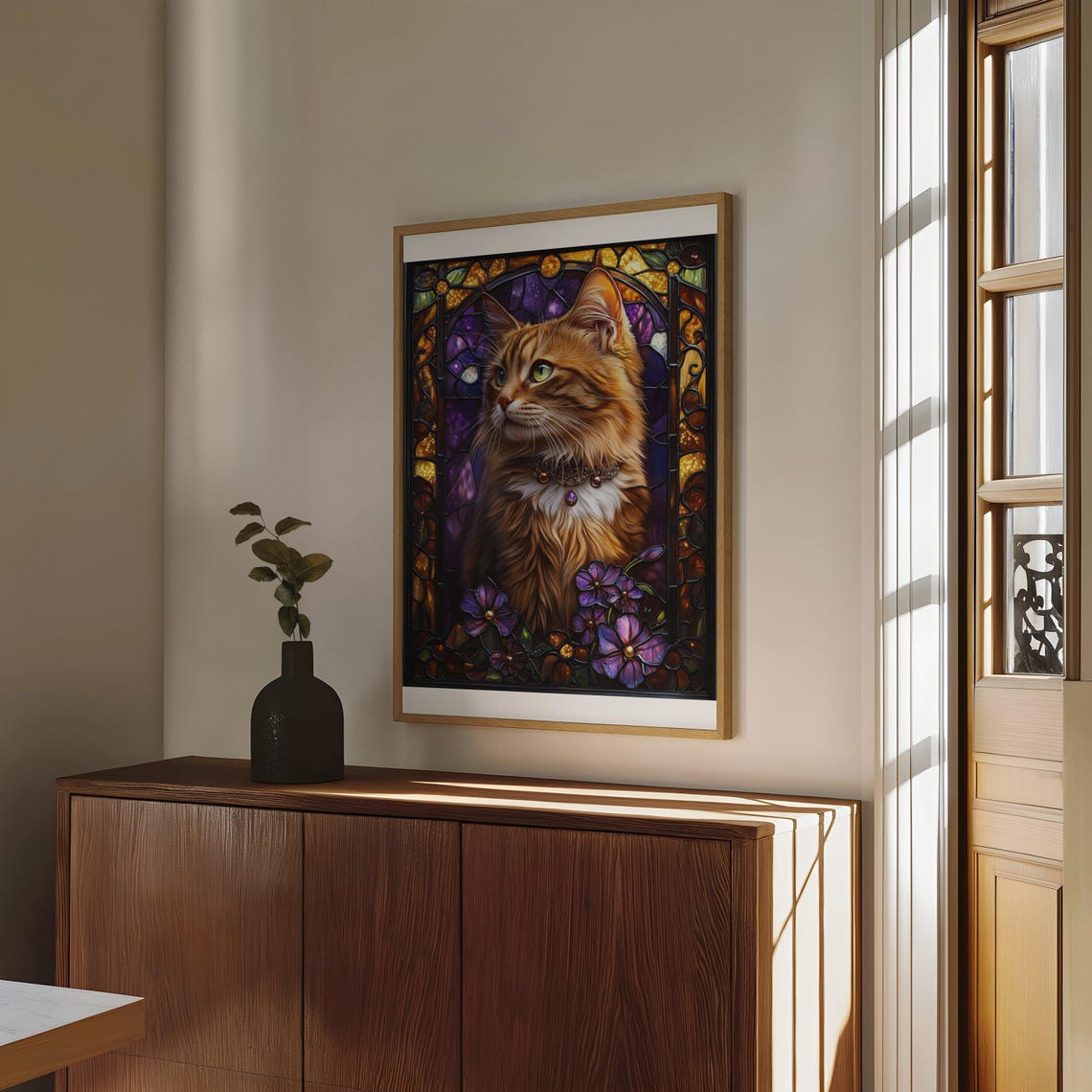 Orange Long Haired Cat Poster With Stained Glass and Purple Flowers - Image 4