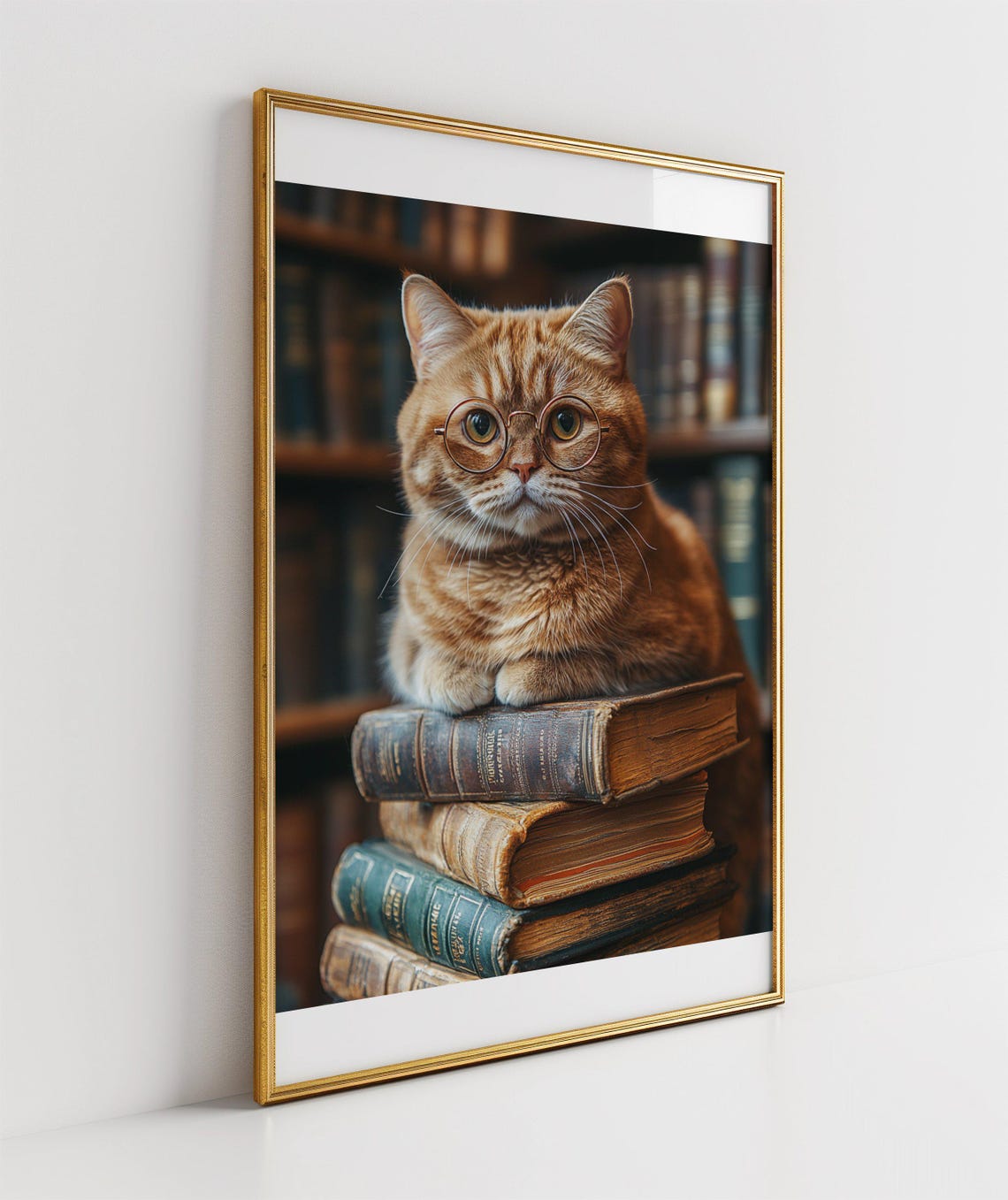 Scholarly Ginger Cat With Round Glasses Resting on Old Books Poster - Image 3