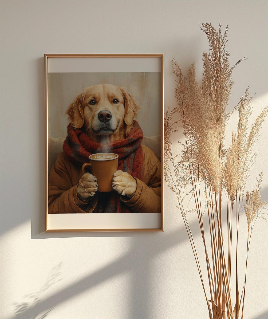Golden Retriever in Winter Scarf Sipping a Warm Latte Art Poster - Image 2