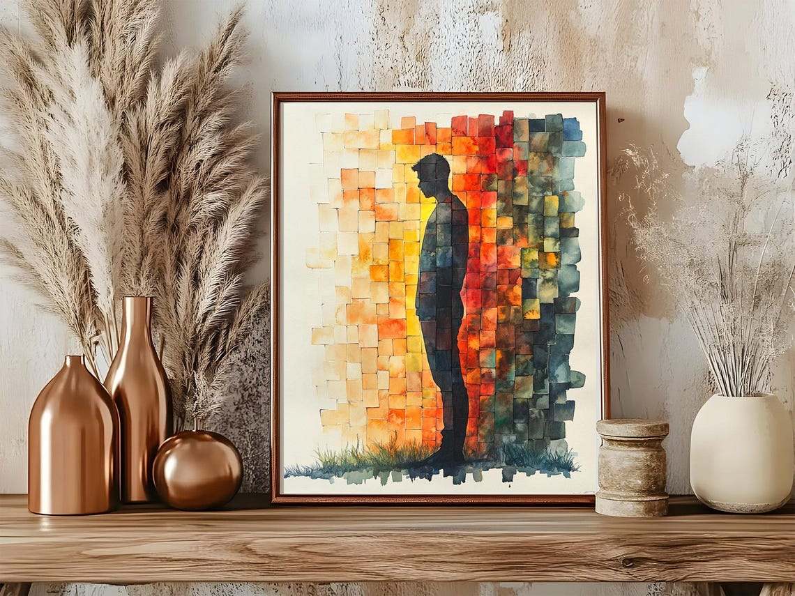 Man Silhouette Poster Colorful Watercolor Mosaic Thoughtful Decor Art - Image 5