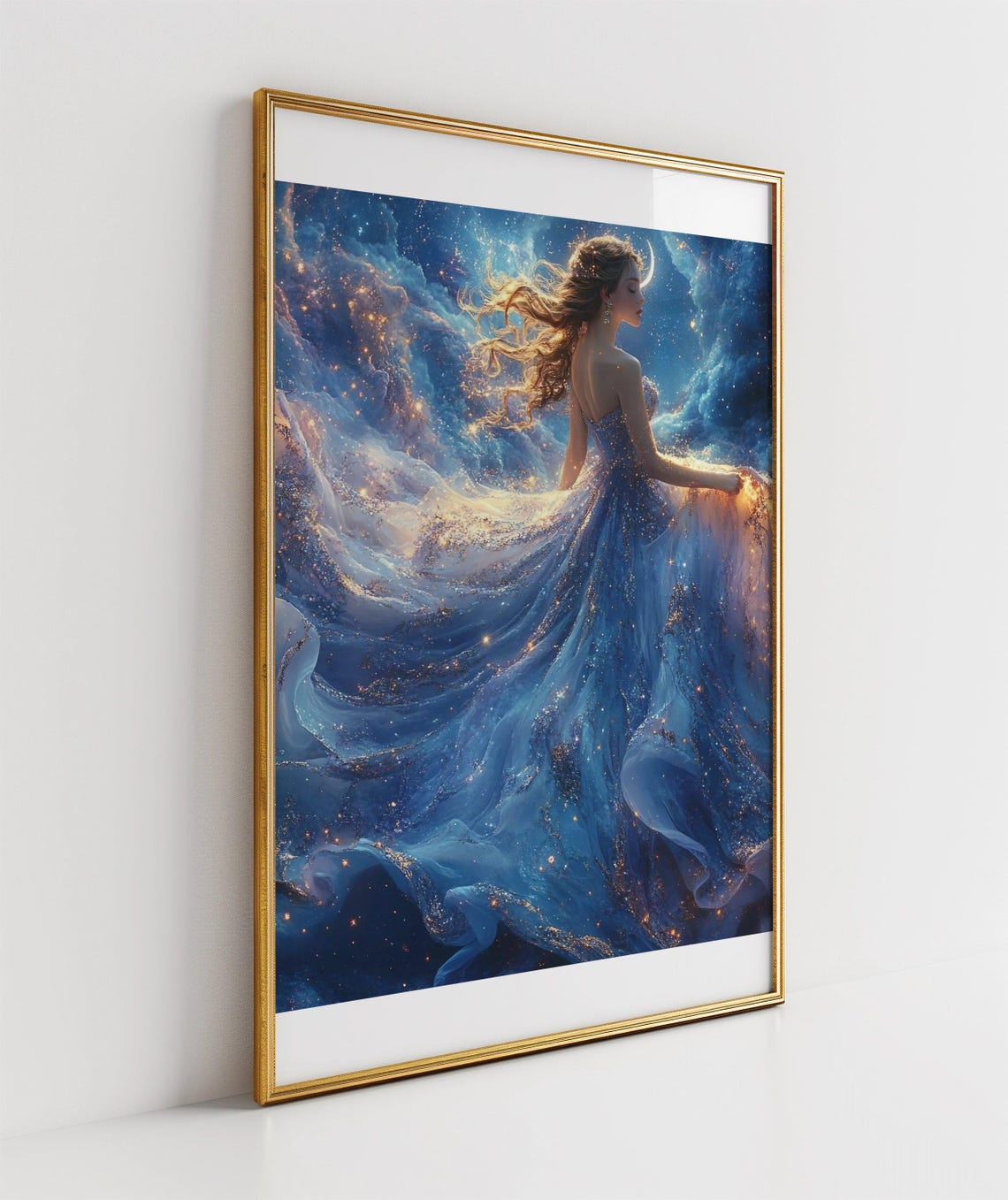 Ethereal Celestial Woman Wall Art Dreamlike Night Sky Art Print Cosmic Goddess Dcor Blue And Gold Surreal Artwork Enchanting Fantasy - Image 3
