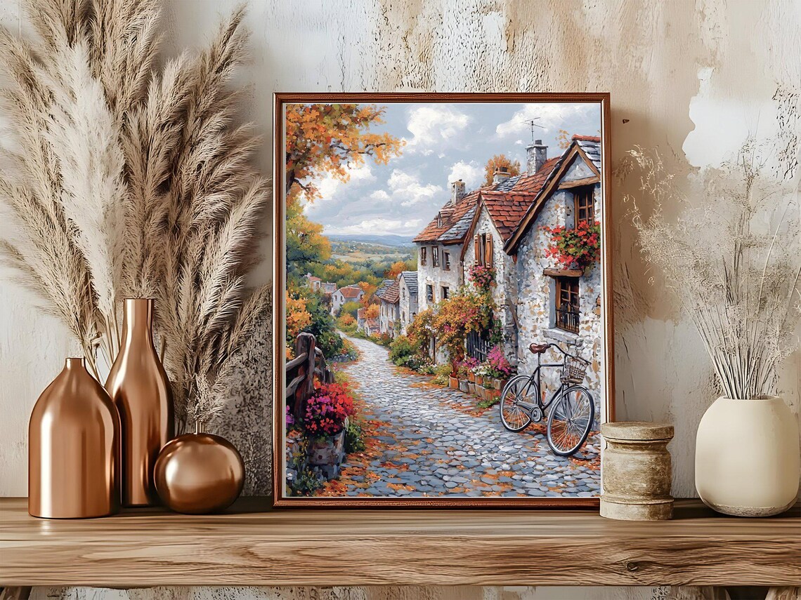 French Village Cobblestone Street Autumn Bicycle Scene Poster - Image 5