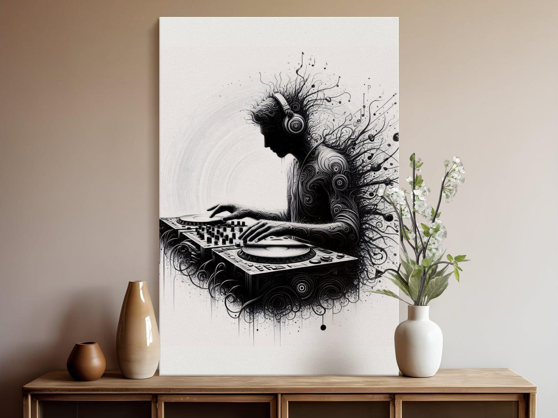 Monochrome DJ Silhouette at Turntables With Headphones Poster - Image 5