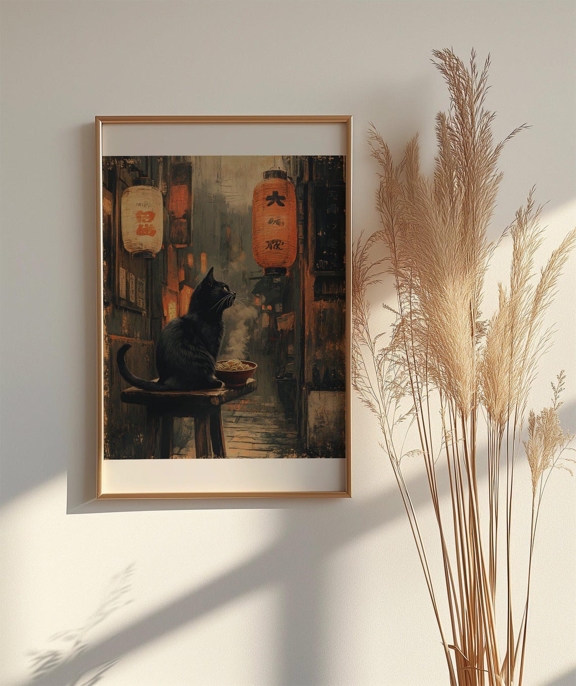 Black Cat in Japanese Street Poster With Lanterns and Noodles - Image 2