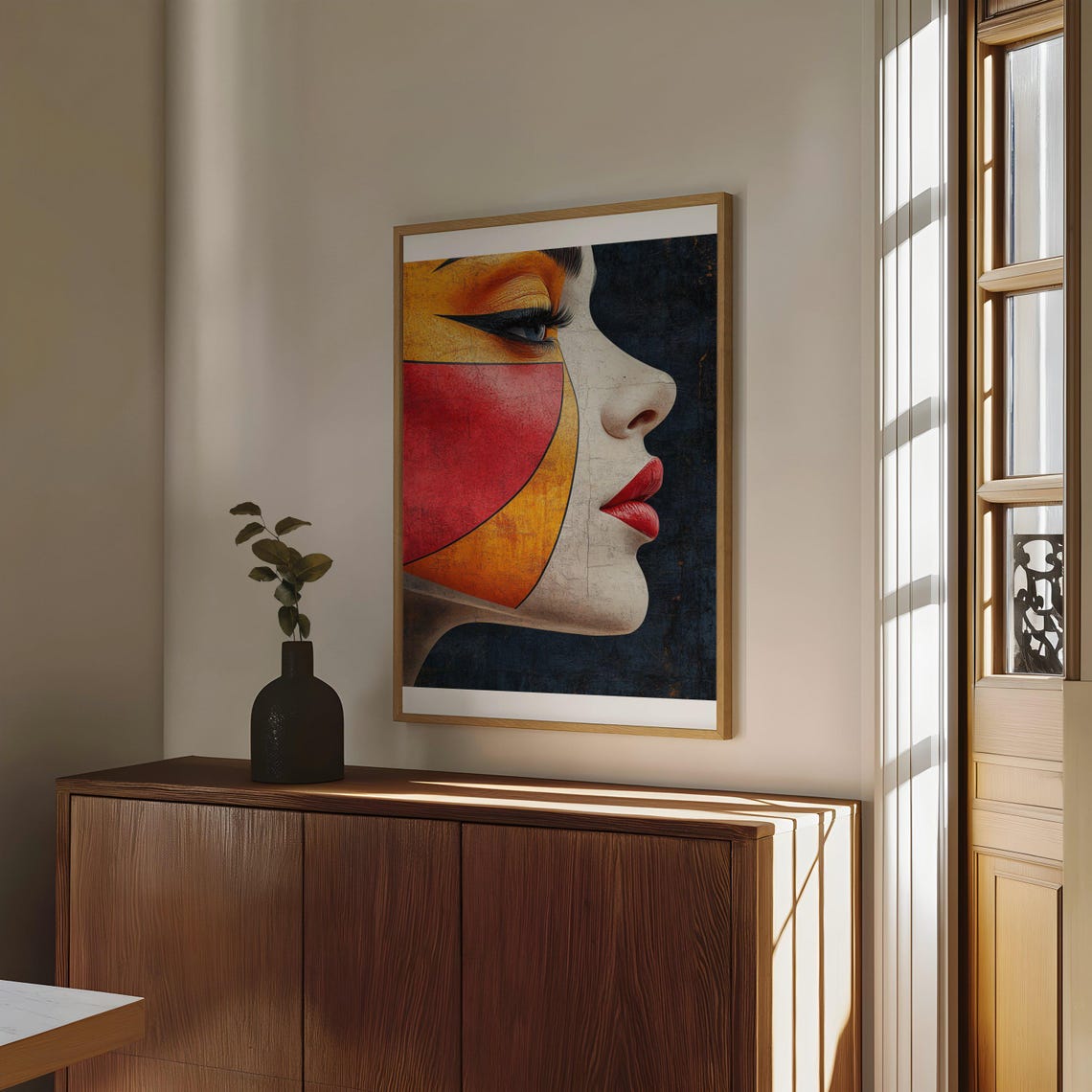 Cubist Woman Profile Poster With Red Gold and Black Geometry - Image 4