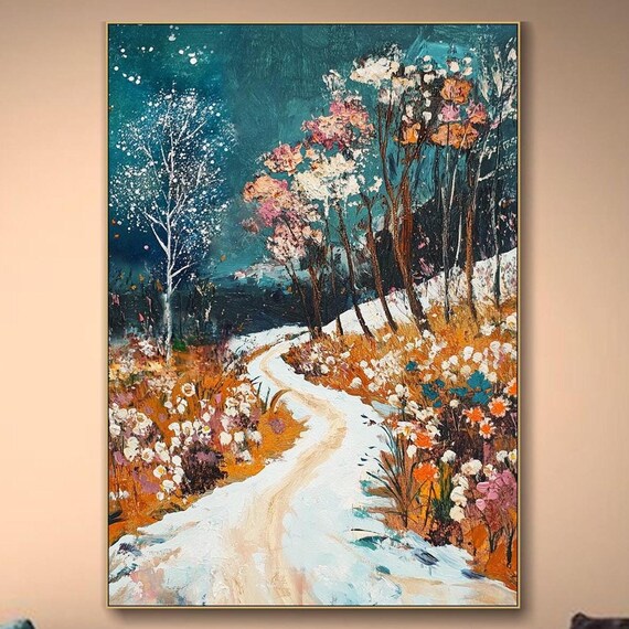 Snowy Forest Path Winter Landscape Oil Painting Teal Night Sky Birch Trees Poster