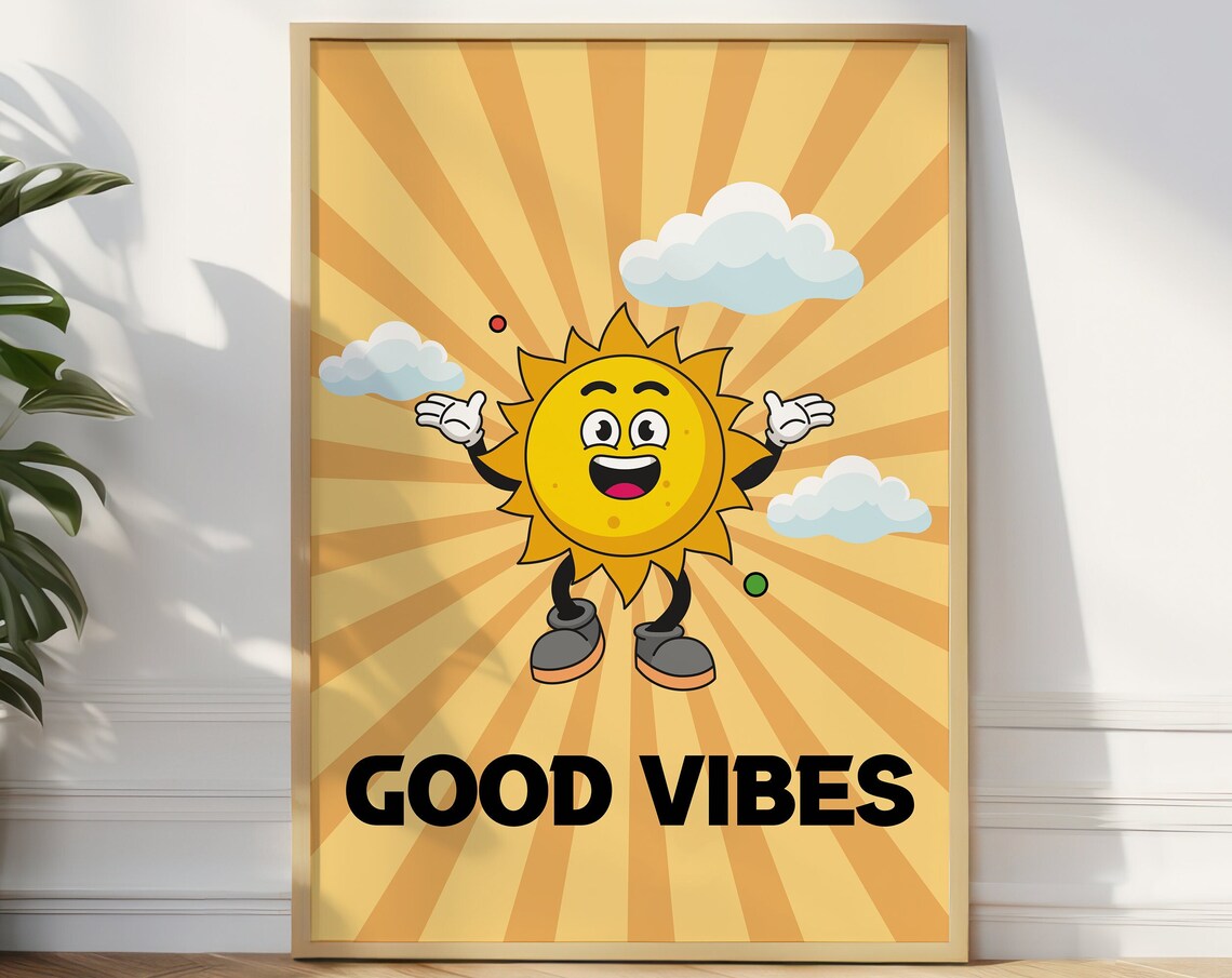 Good Vibes Happy Smiling Sun Retro Cartoon Yellow Sunburst Poster