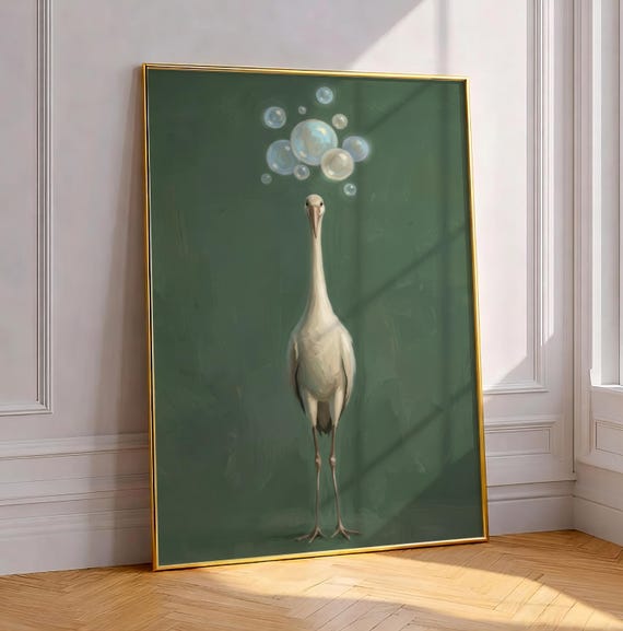 Surreal Crane Bathroom Art Print Funny Stork Quirky Heron Poster Bubble Bath Painting Moody Green Minimalist Artwork