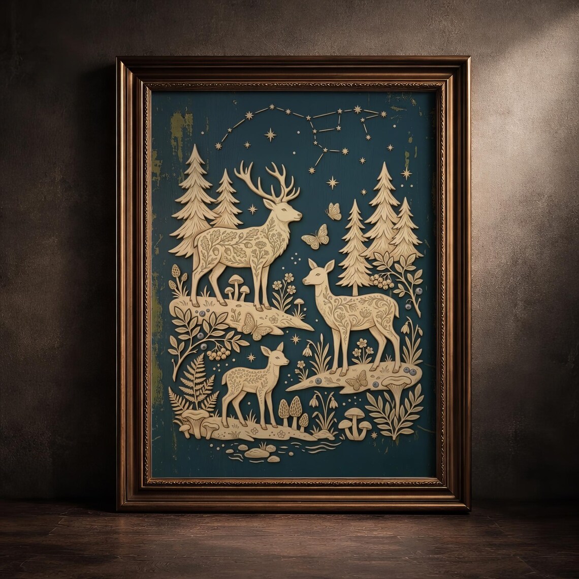 Celestial Deer Family Carved Wood Relief Folk Starry Night Poster