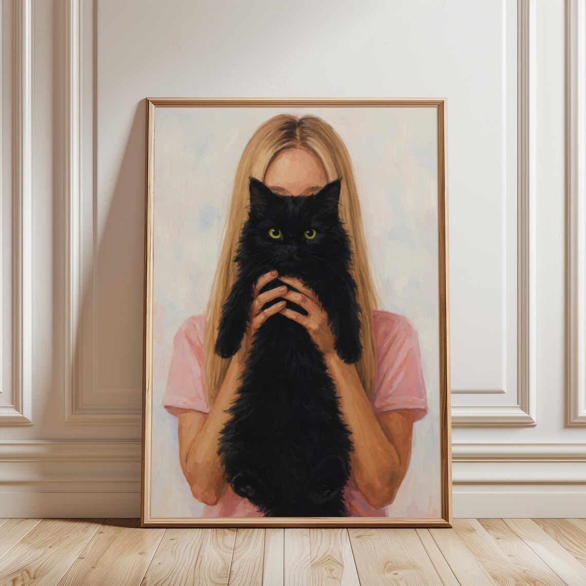 Blonde Girl With Black Cat, Modern Pet Portrait