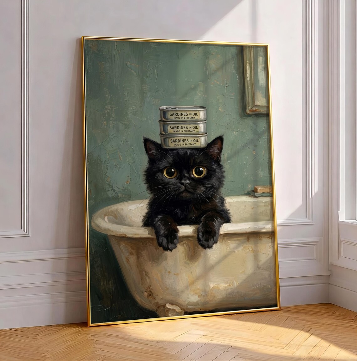 Black Kitten in Bathtub Balancing Sardine Tins Whimsical Poster