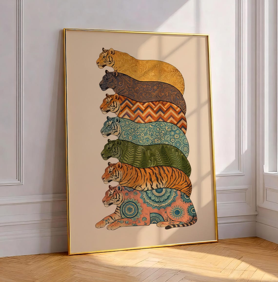 Seven Patterned Boho Tigers Stacked Wild Big Jungle Cat Poster