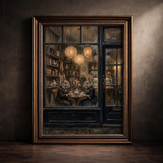 Dark Academia Bunny Print Whimsical Rabbits Having Tea Wall Art Moody Cottagecore Vintage Storybook Painting Cozy House Cafe Poster