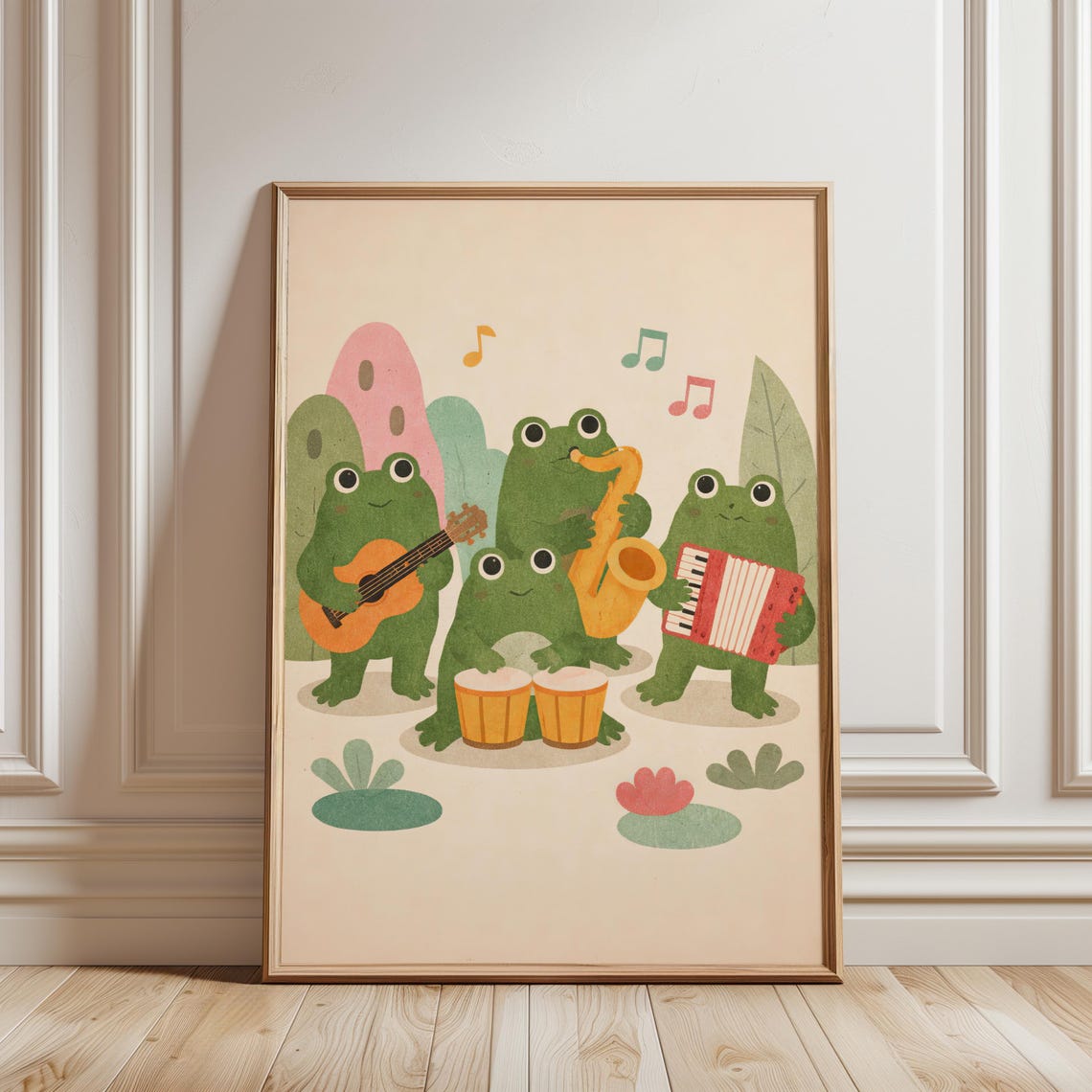 Frog Band Playing Music Playful Kids Nursery Illustration Art Poster