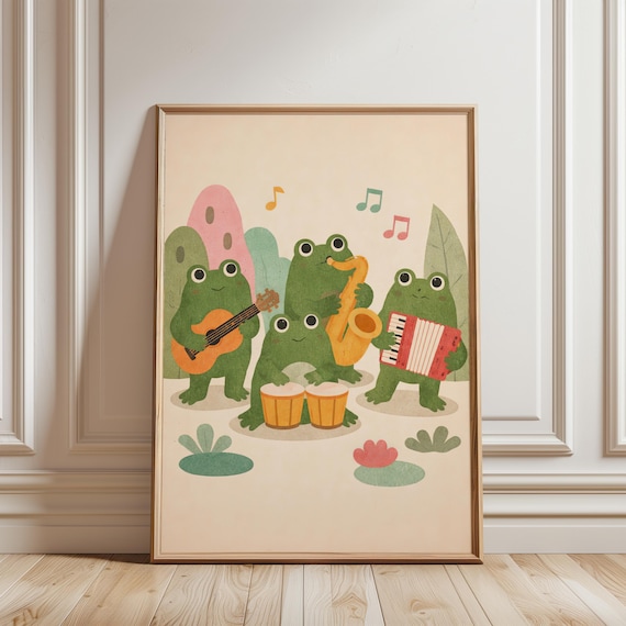 Frog Band Playing Music Playful Kids Nursery Illustration Art Poster