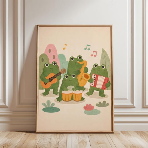 Whimsical Frog Band Wall Art Playful Musical Poster Modern Kids Room Print Aesthetic Dopamine Decor For Nursery Frogs Playing Instrument