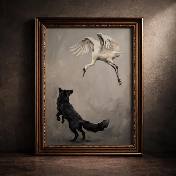 White Crane Black Fox Wall Art Print Symbolic Yin Yang Animal Painting Dark Minimalist Japandi Decor Moody Modern Contemporary Artwork