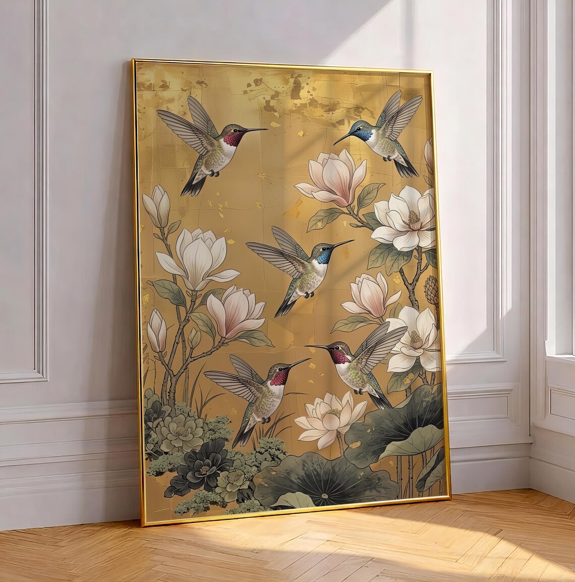 Golden Hummingbird Magnolia Art Print, Japandi