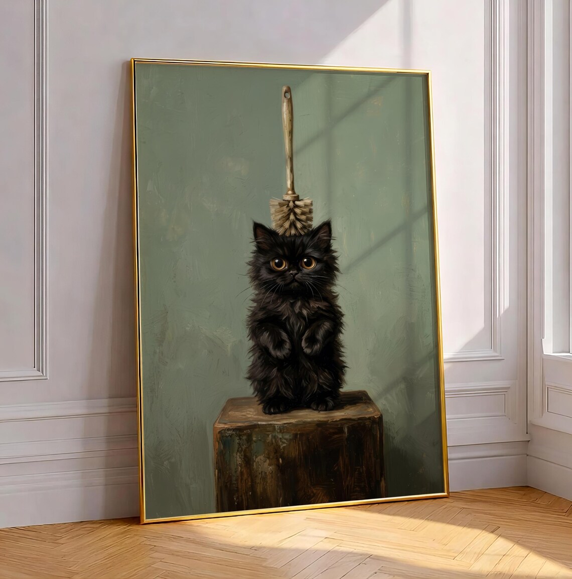 Black Kitten Balancing Toilet Brush Quirky Vintage Style Poster