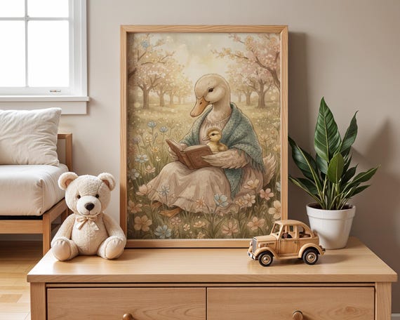 Goose Mama Reading Storytime Art Print Cottagecore Nursery Baby Room Decor Neutral Kids Animal Book Illustration Digital Download